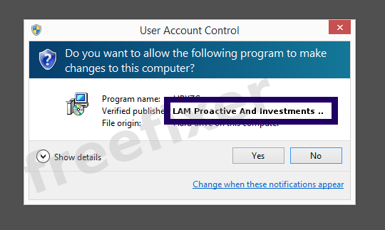 Screenshot where LAM Proactive And Investments Ltd appears as the verified publisher in the UAC dialog